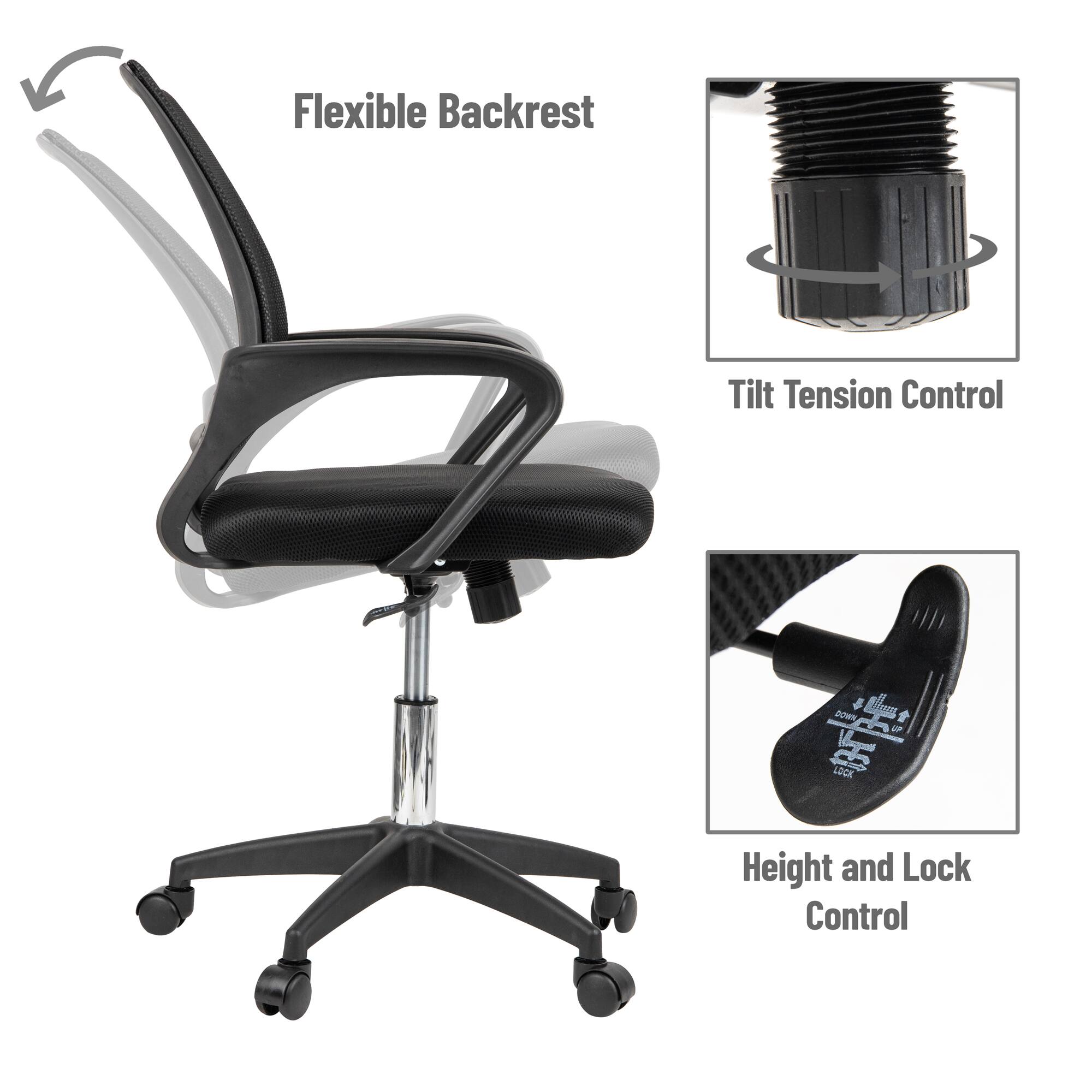 Mind Reader Office Chair with Wheels, Height Adjustable, Desk Chair, Office, 23"L x 21"W x 34.25-38"H, Black